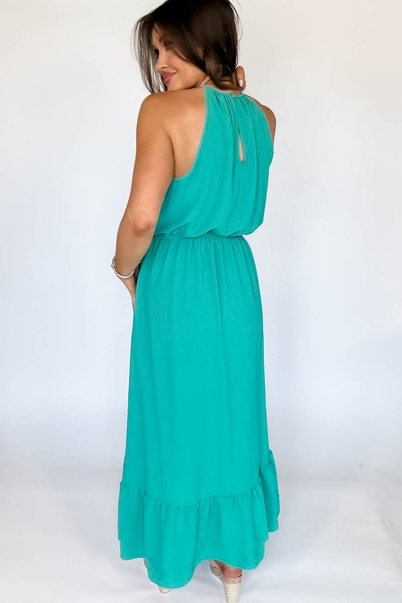 Halter Neckline Kelly Green Solid Maxi Dress (