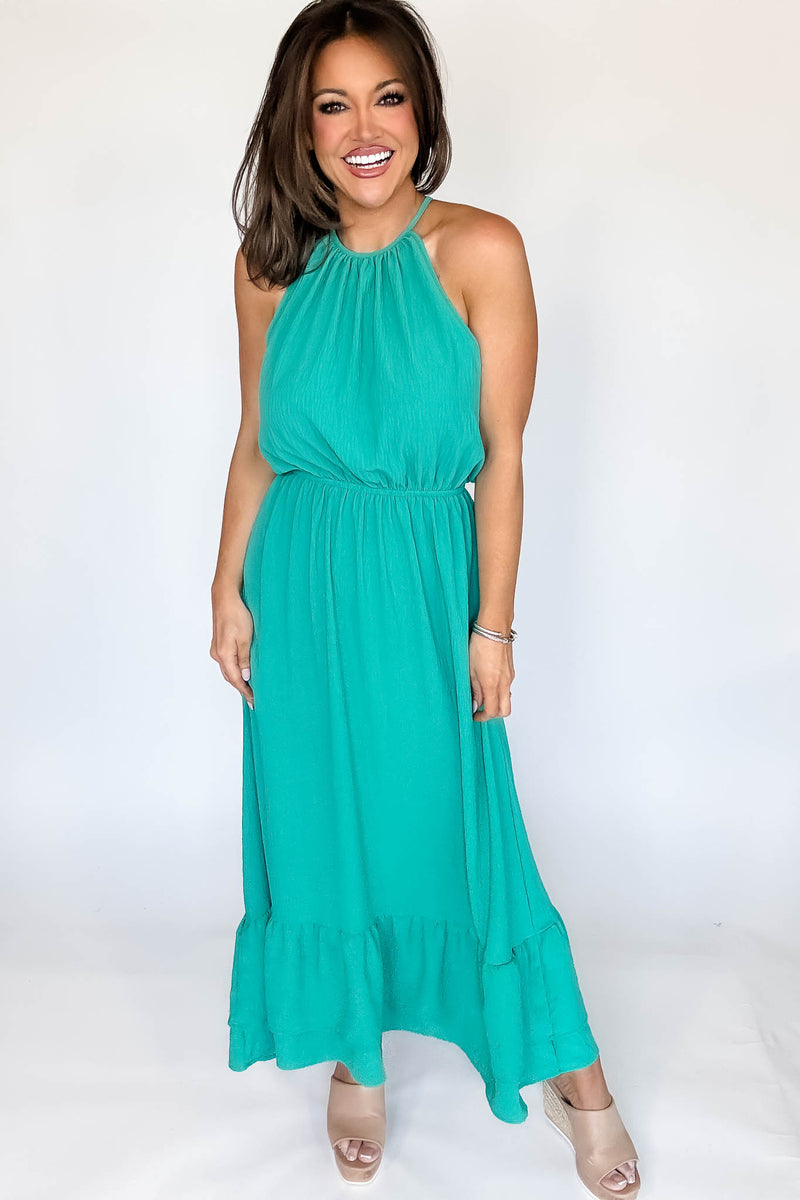 Halter Neckline Kelly Green Solid Maxi Dress (