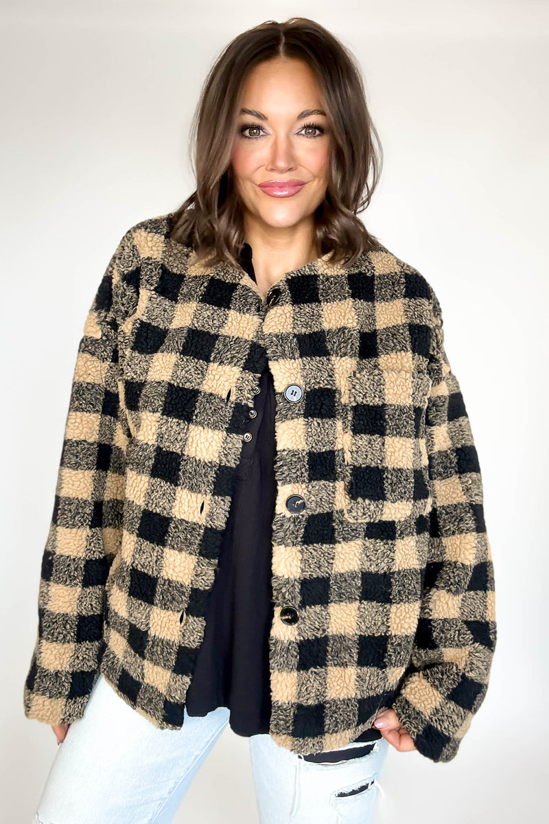 Plaid Sherpa Button-front Jacket