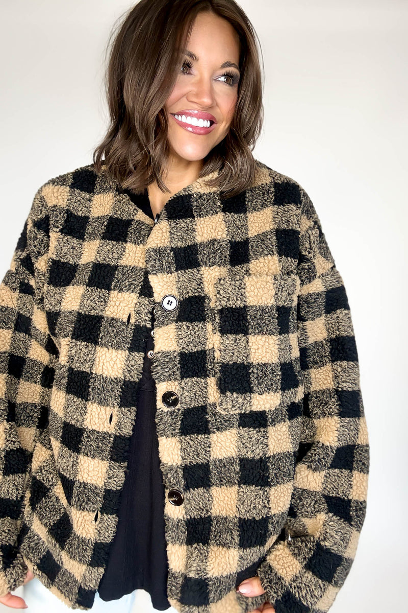 Plaid Sherpa Button-front Jacket
