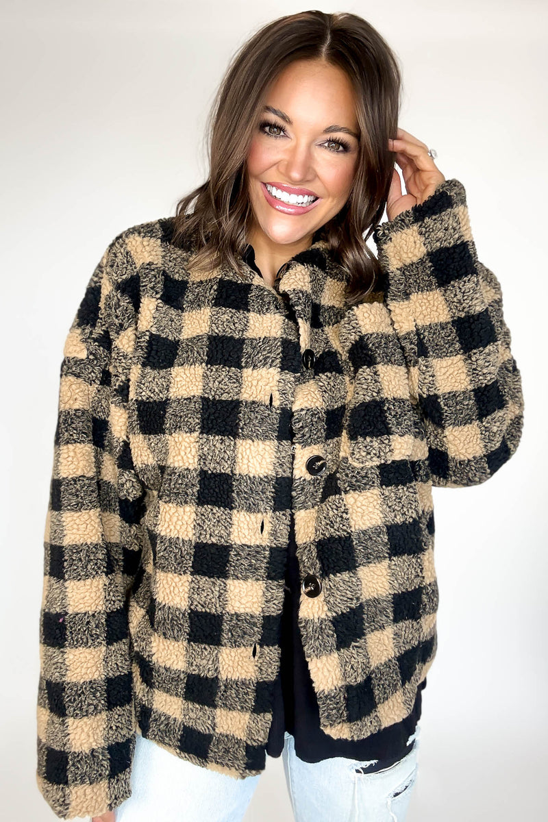 Plaid Sherpa Button-front Jacket