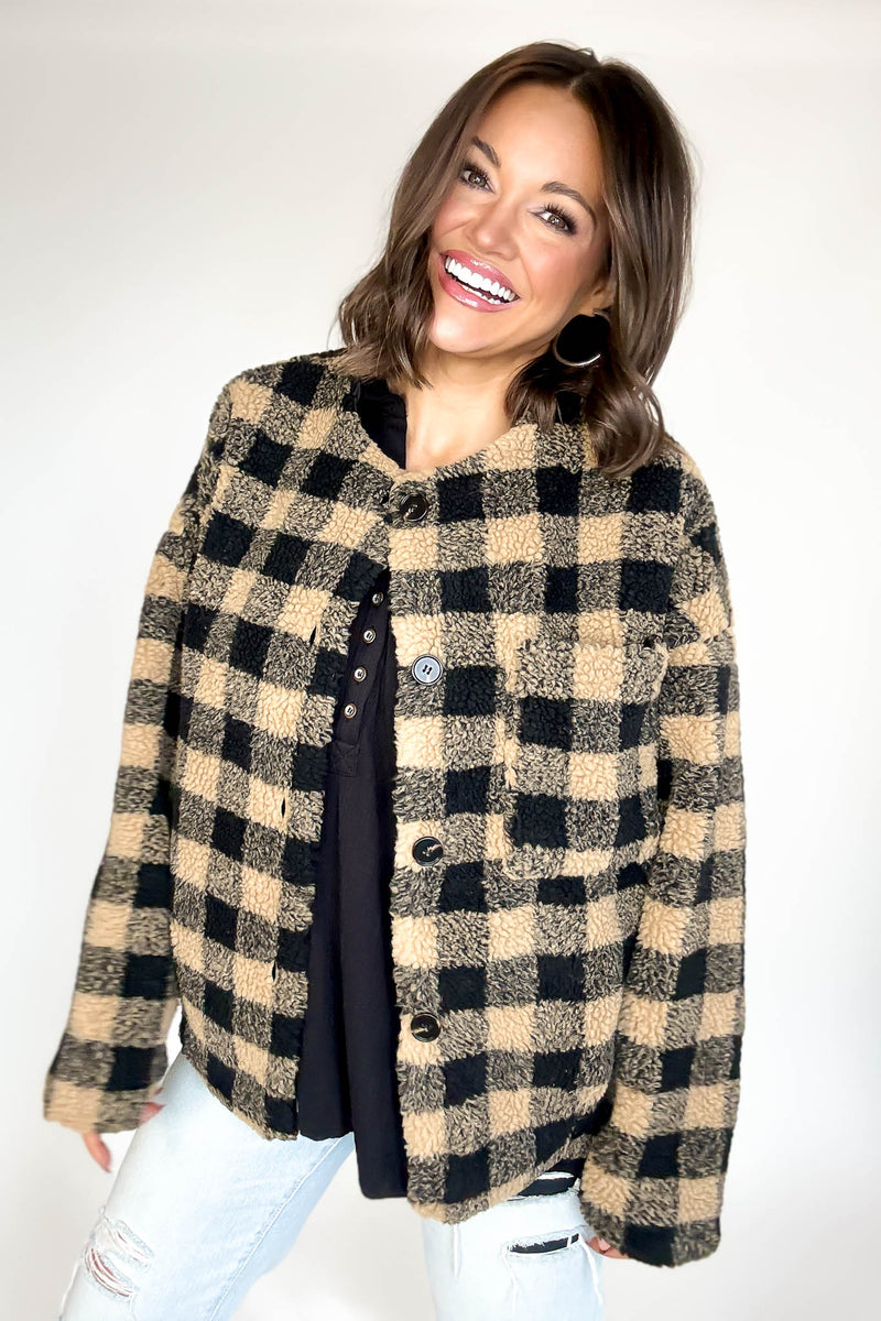 Plaid Sherpa Button-front Jacket