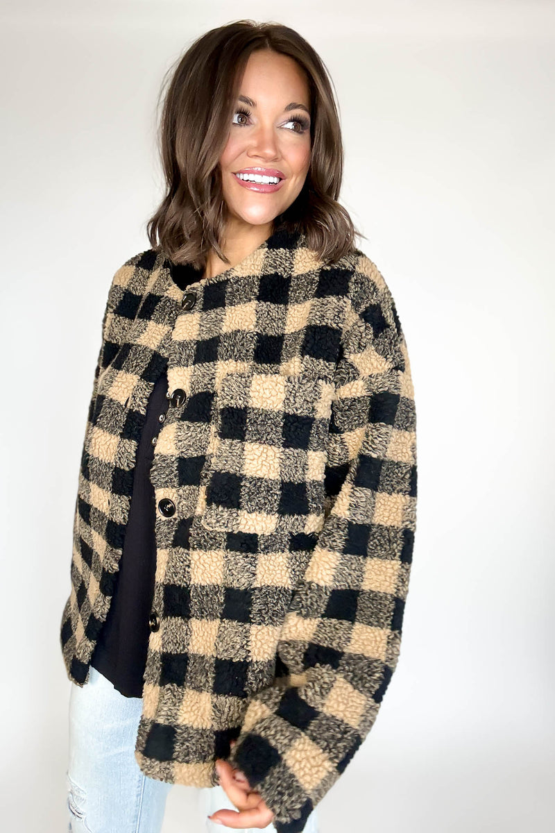 Plaid Sherpa Button-front Jacket