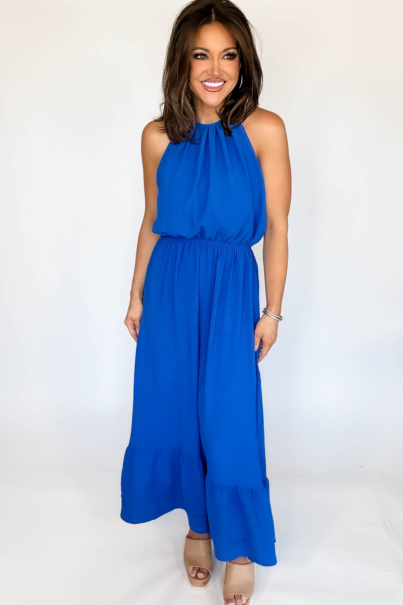 Halter Neckline Cobalt Solid Maxi Dress
