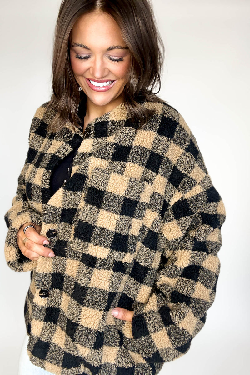 Plaid Sherpa Button-front Jacket