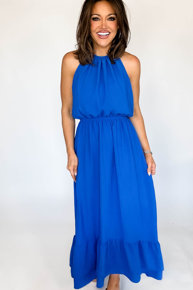 Halter Neckline Cobalt Solid Maxi Dress