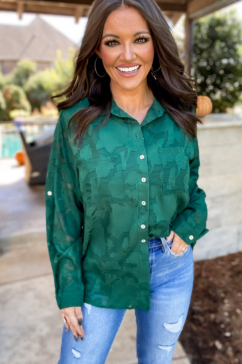 Live For The Thrill Hunter Green Lace Long Roll-up Sleeves Top