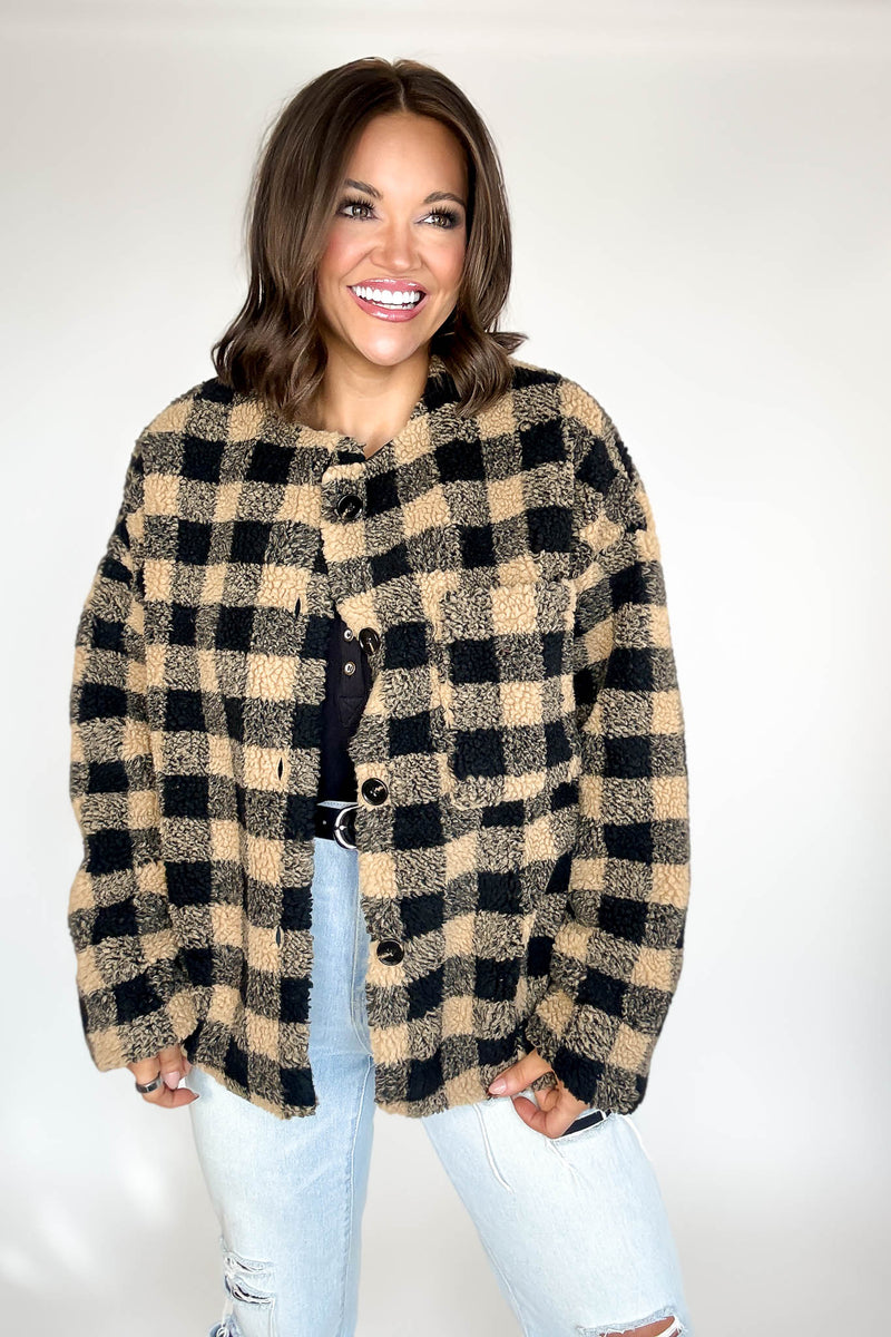 Plaid Sherpa Button-front Jacket