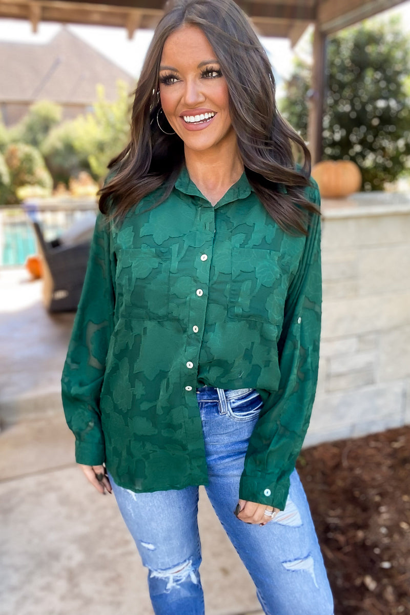 Live For The Thrill Hunter Green Lace Long Roll-up Sleeves Top