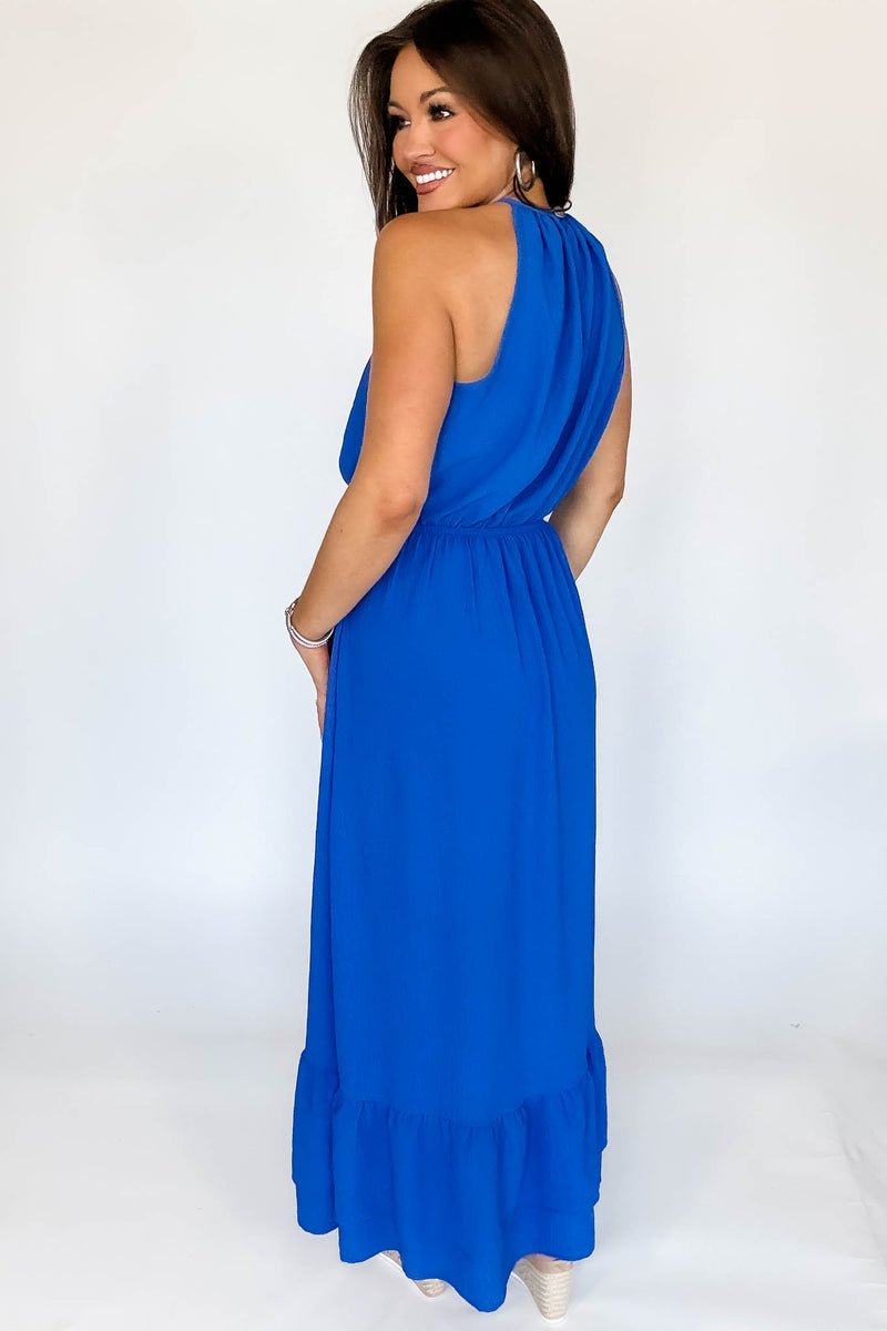 Halter Neckline Cobalt Solid Maxi Dress