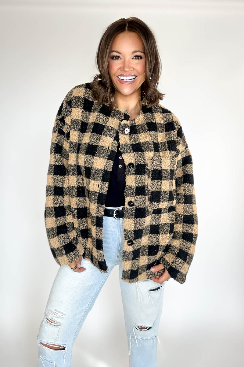 Plaid Sherpa Button-front Jacket