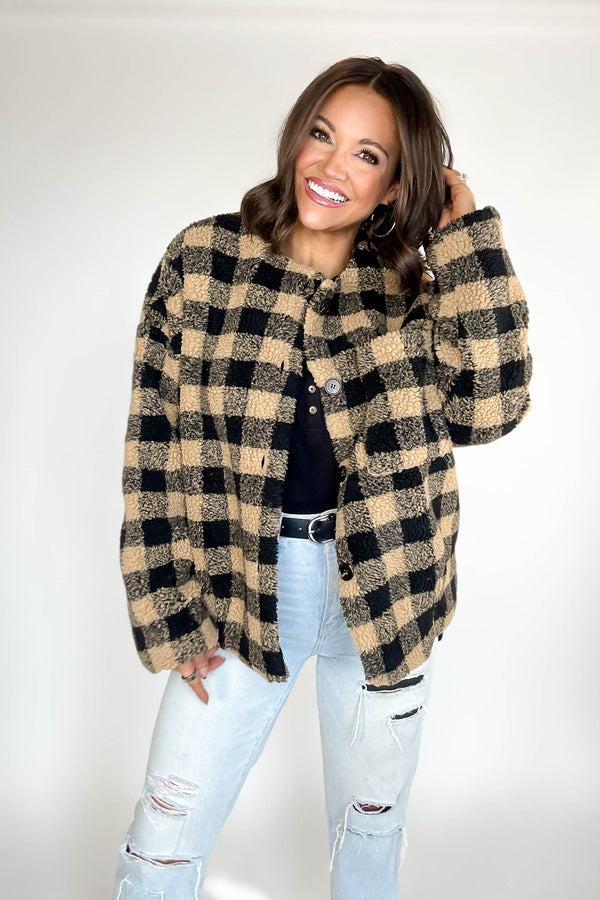 Plaid Sherpa Button-front Jacket