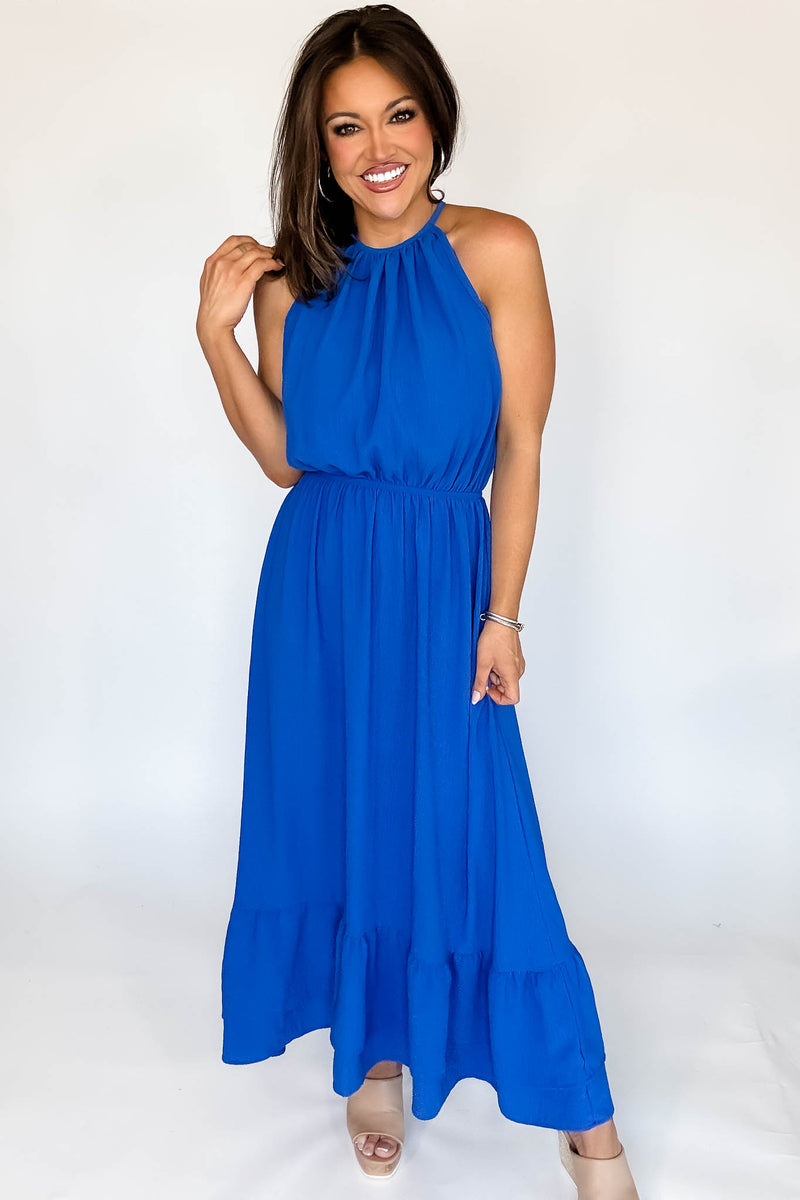Halter Neckline Cobalt Solid Maxi Dress