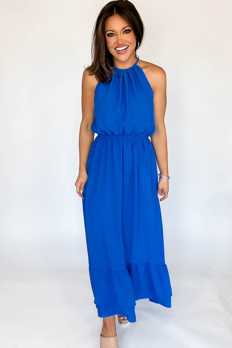 Halter Neckline Cobalt Solid Maxi Dress