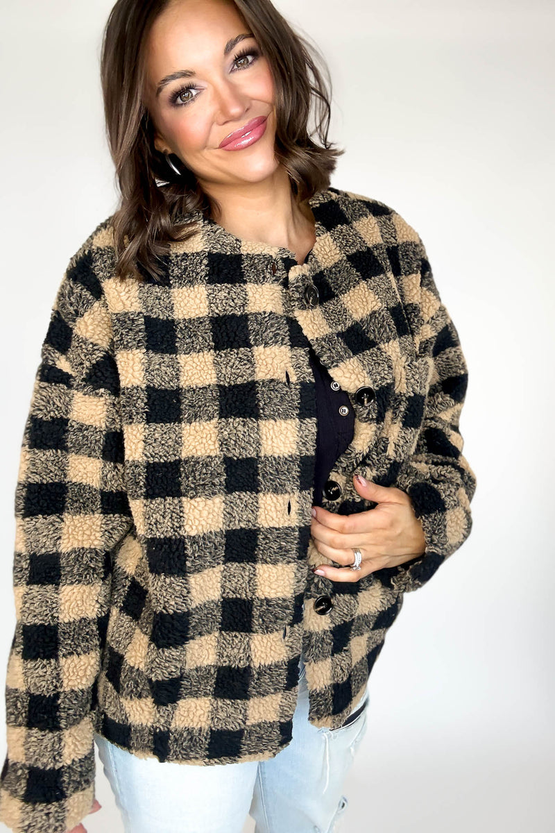Plaid Sherpa Button-front Jacket