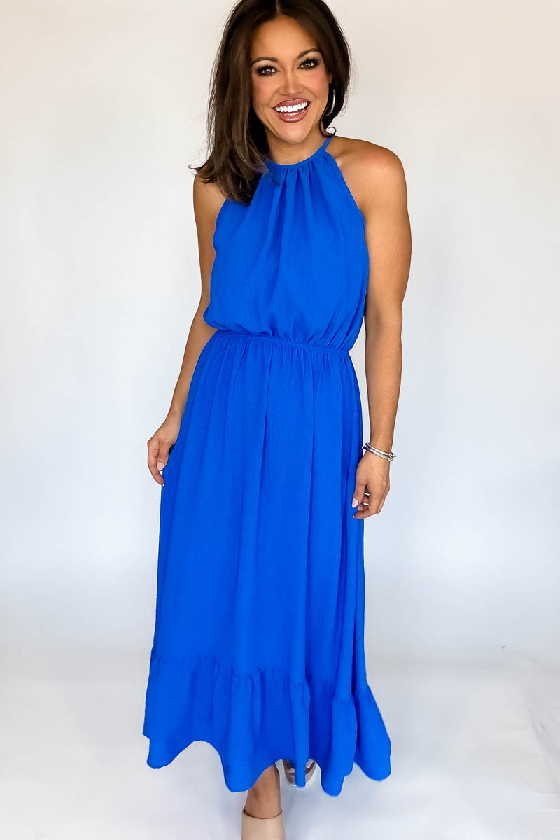 Halter Neckline Cobalt Solid Maxi Dress