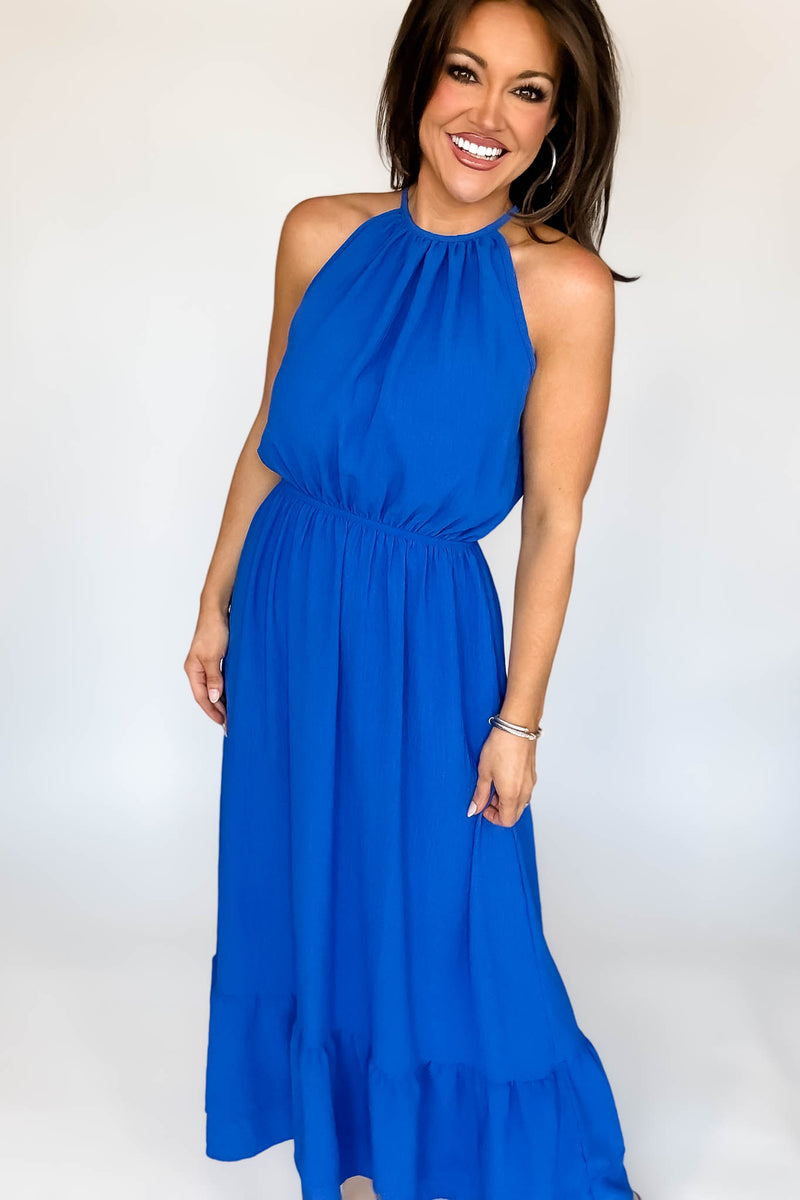 Halter Neckline Cobalt Solid Maxi Dress
