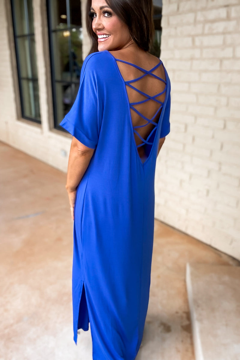 Crossroads Short Sleeve Royal Blue Maxi Dress