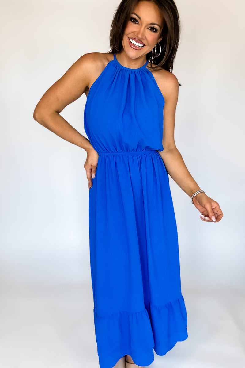 Halter Neckline Cobalt Solid Maxi Dress