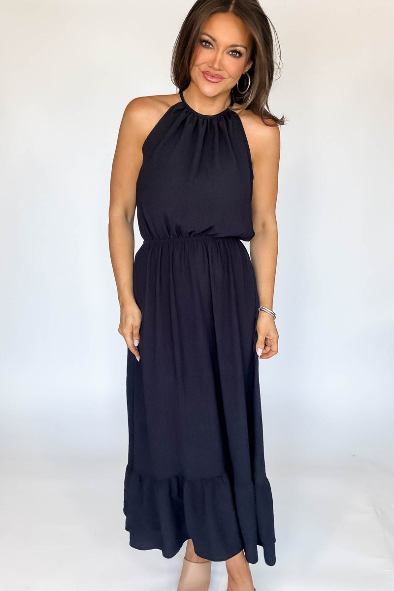 Halter Neckline Black Solid Maxi Dress