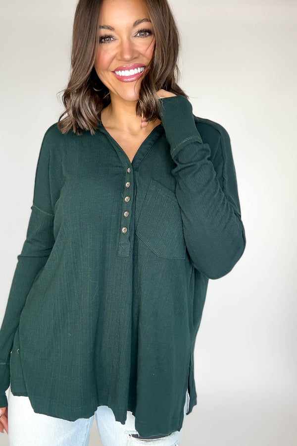 Ribbed Hunter Green Long Sleeve Henley Top