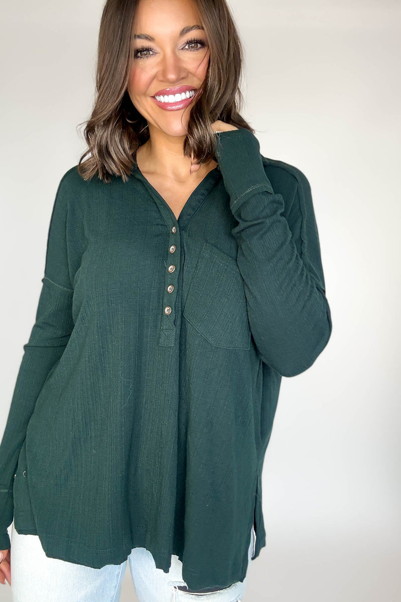 Ribbed Hunter Green Long Sleeve Henley Top