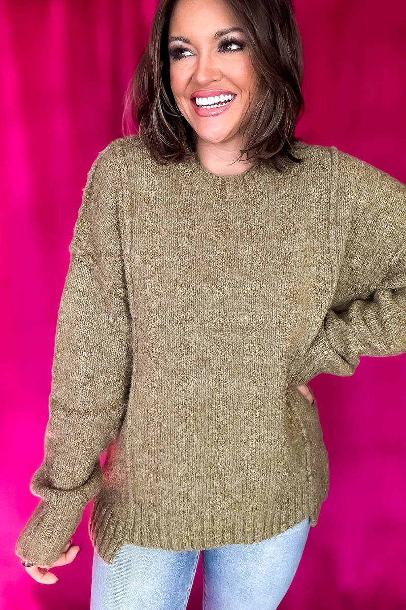 Fuzzy Feeling Olive Oversized Knit Pullover Sweater Top