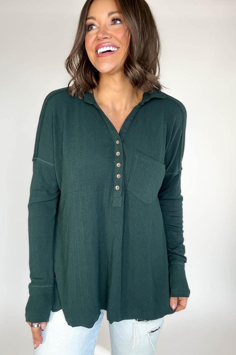 Ribbed Hunter Green Long Sleeve Henley Top