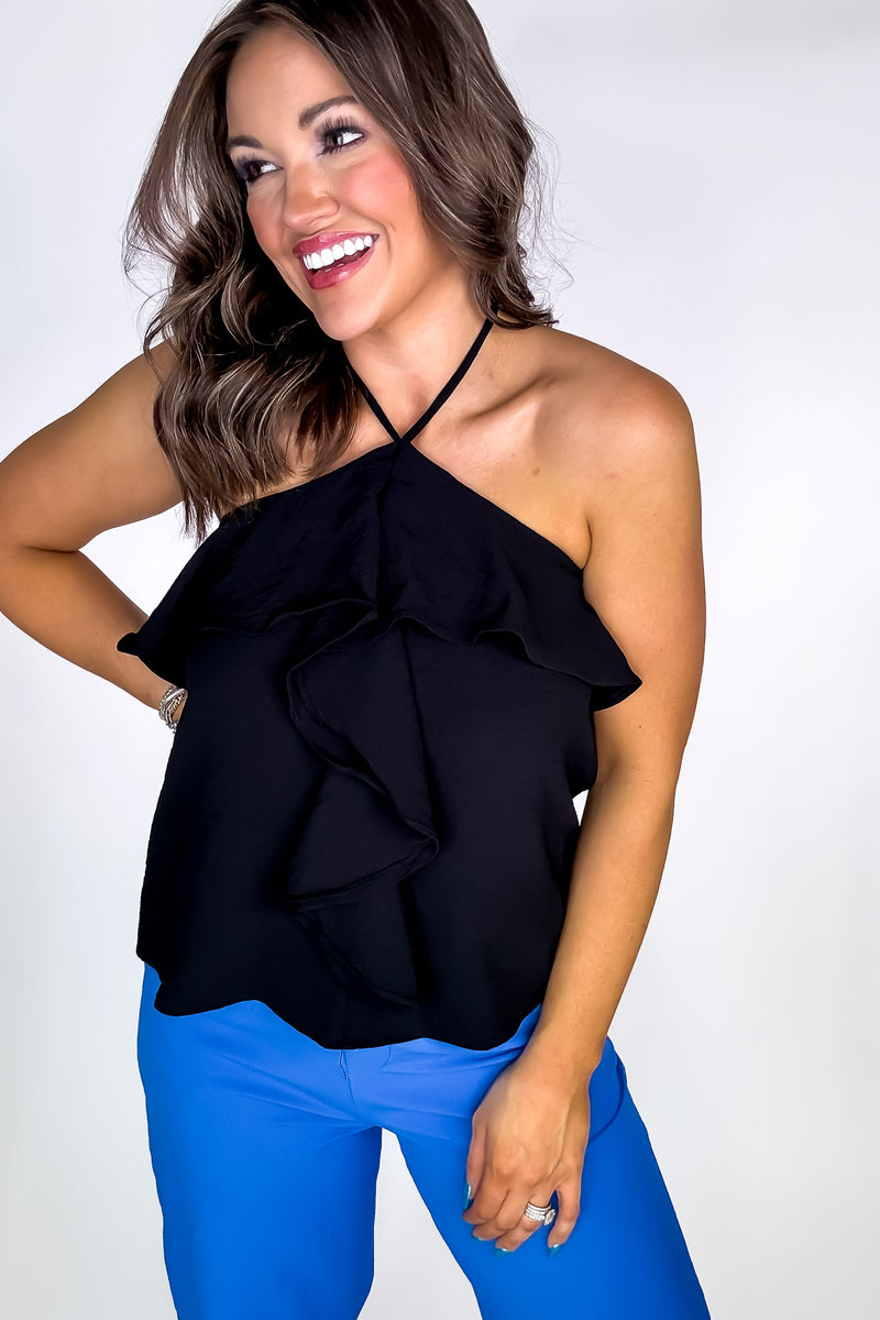 Show Off Black Ruffle Detail Halter Woven Top