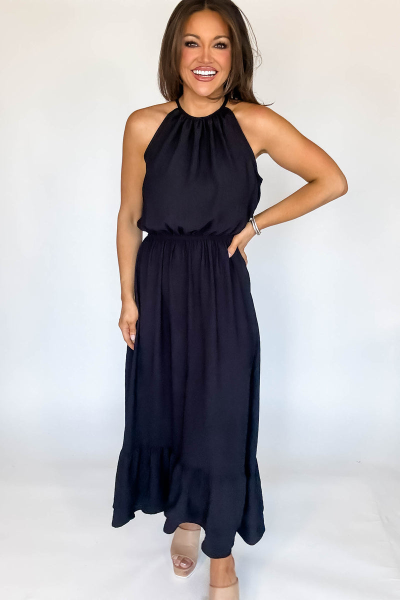 Halter Neckline Black Solid Maxi Dress