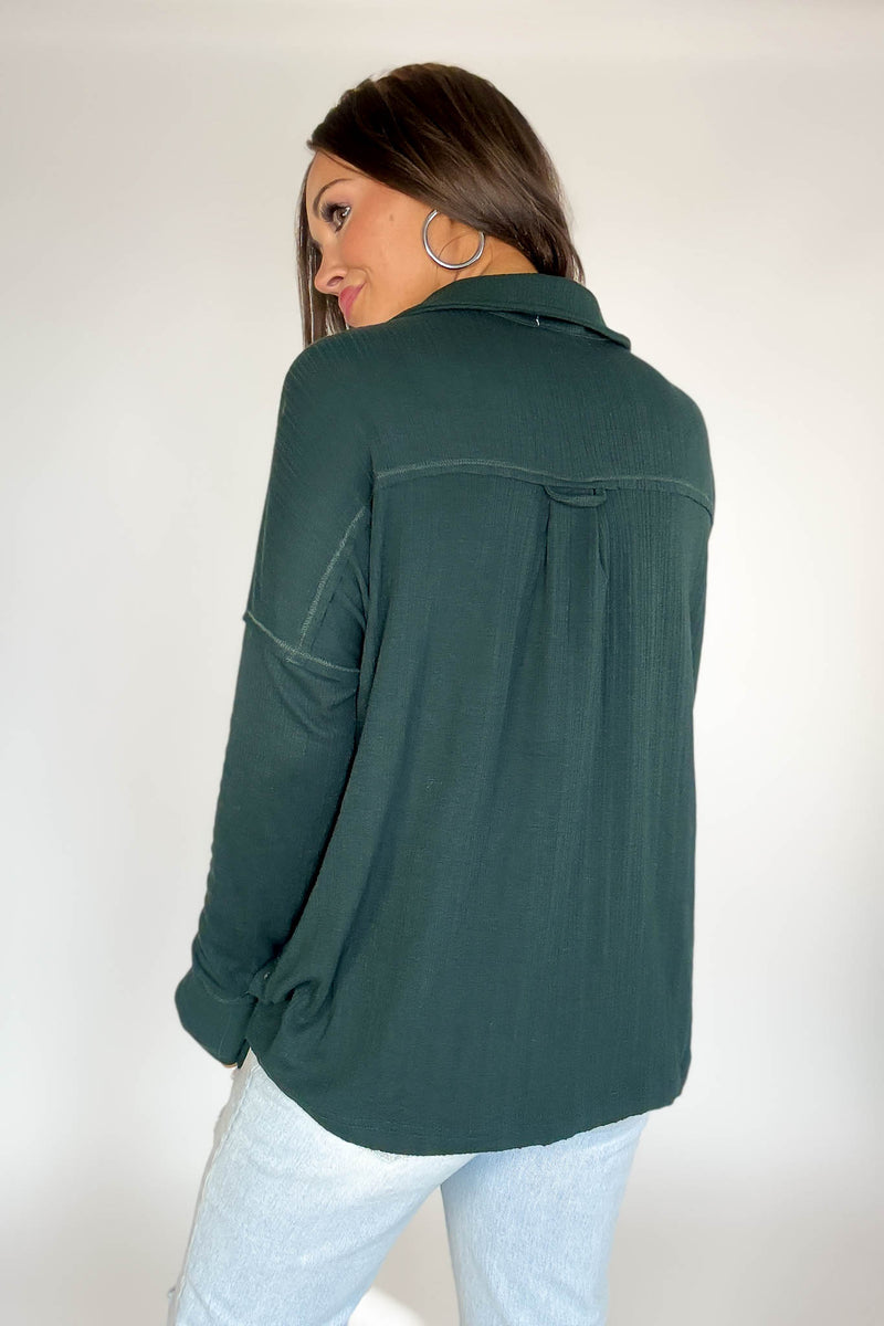 Ribbed Hunter Green Long Sleeve Henley Top