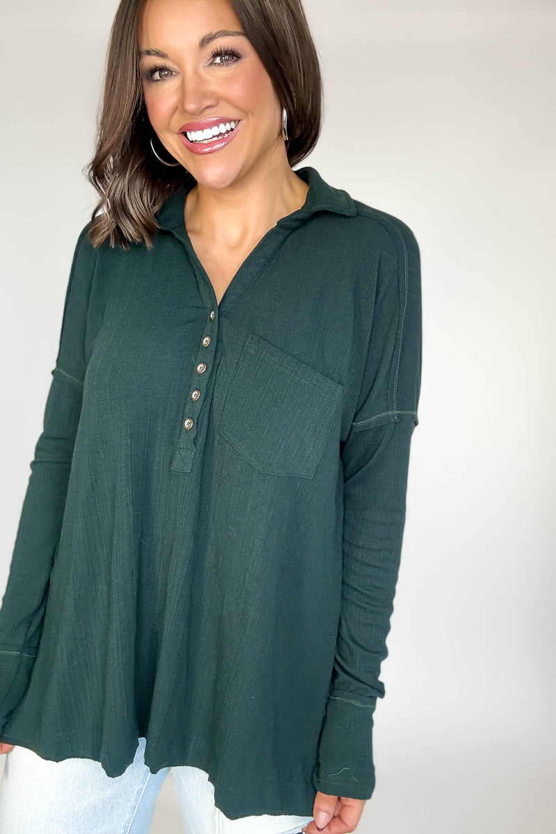 Ribbed Hunter Green Long Sleeve Henley Top