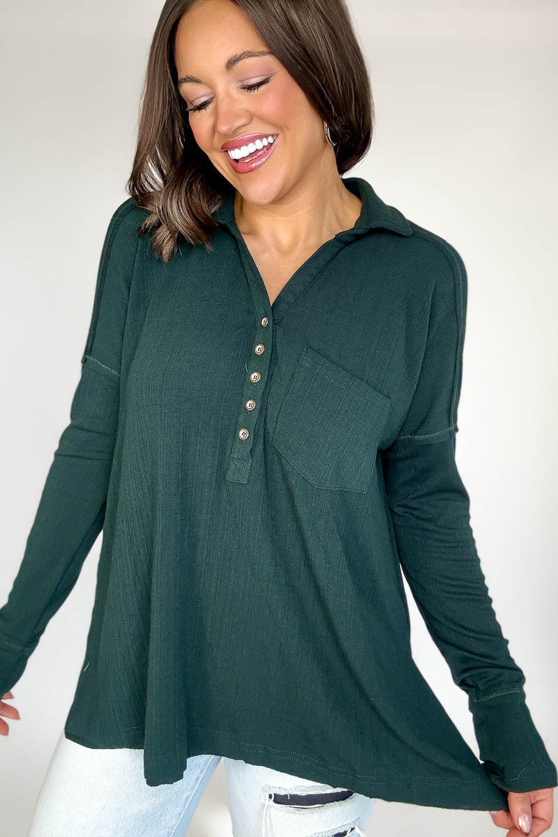 Ribbed Hunter Green Long Sleeve Henley Top