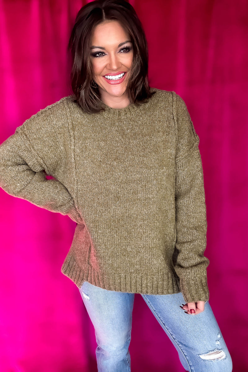 Fuzzy Feeling Olive Oversized Knit Pullover Sweater Top