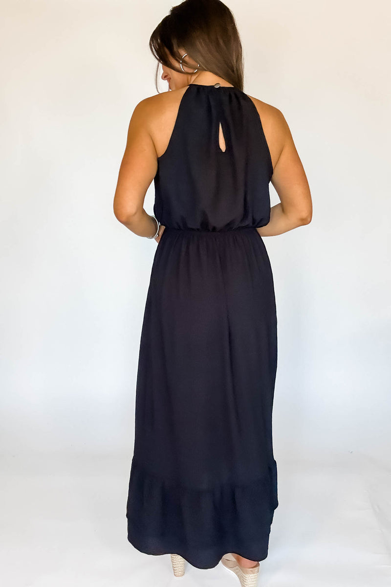 Halter Neckline Black Solid Maxi Dress