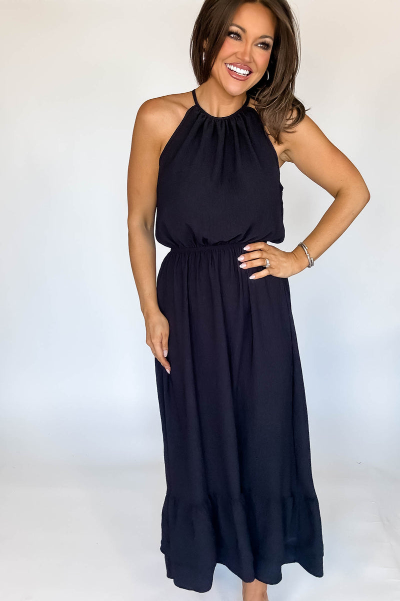Halter Neckline Black Solid Maxi Dress