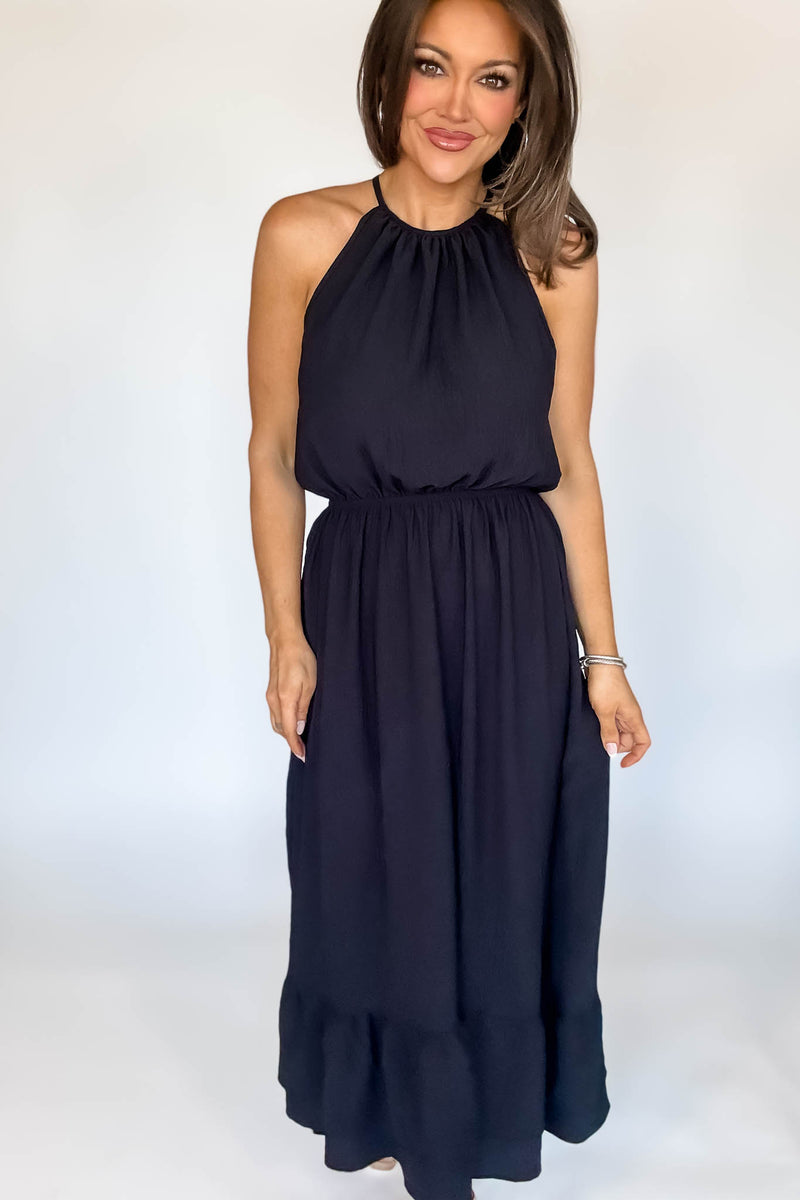 Halter Neckline Black Solid Maxi Dress