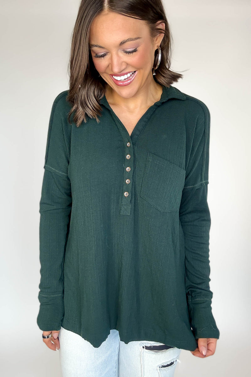 Ribbed Hunter Green Long Sleeve Henley Top
