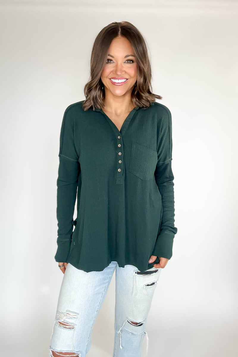 Ribbed Hunter Green Long Sleeve Henley Top