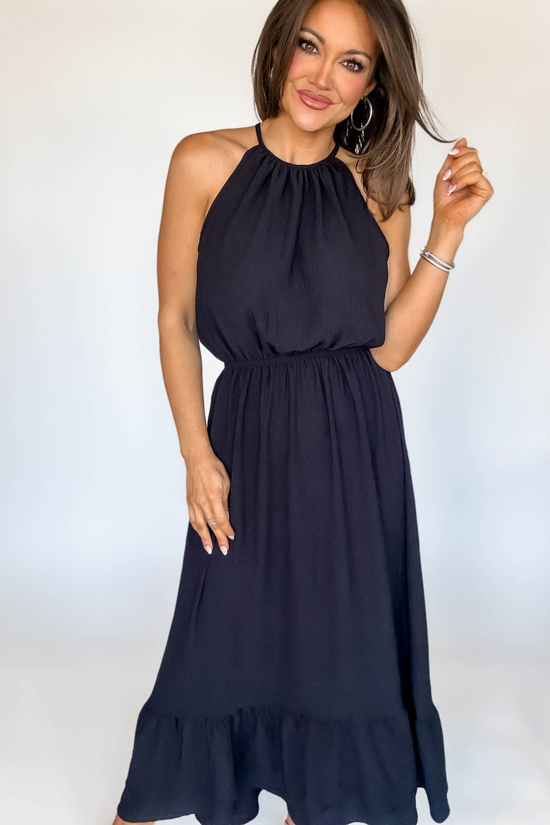 Halter Neckline Black Solid Maxi Dress