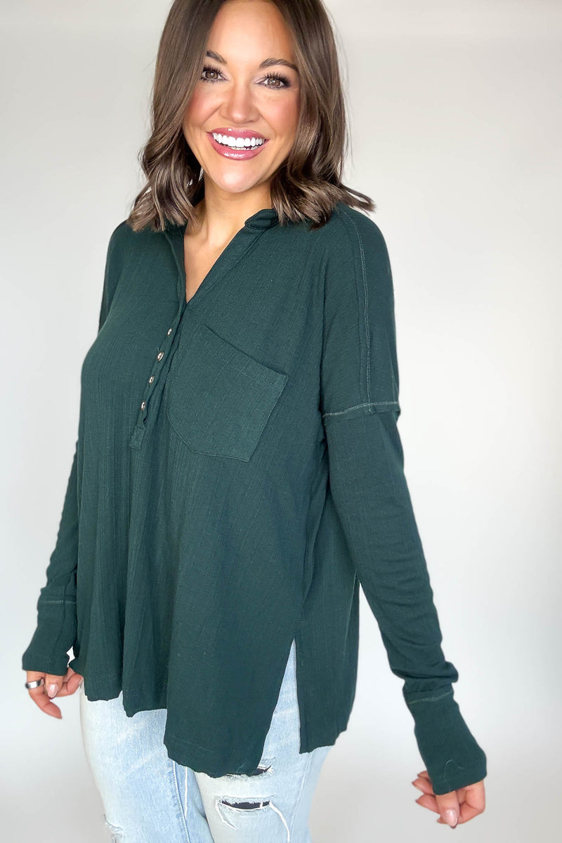 Ribbed Hunter Green Long Sleeve Henley Top