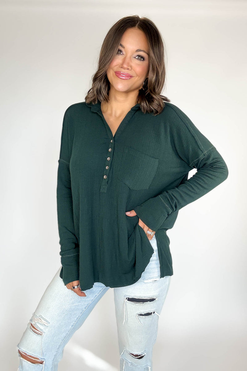 Ribbed Hunter Green Long Sleeve Henley Top