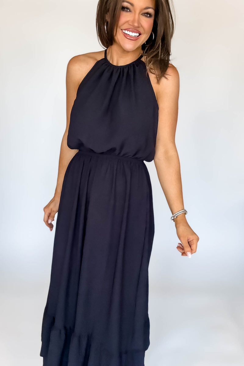 Halter Neckline Black Solid Maxi Dress