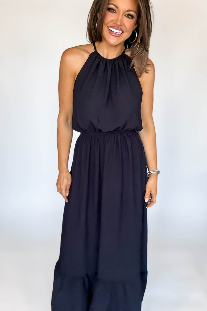 Halter Neckline Black Solid Maxi Dress