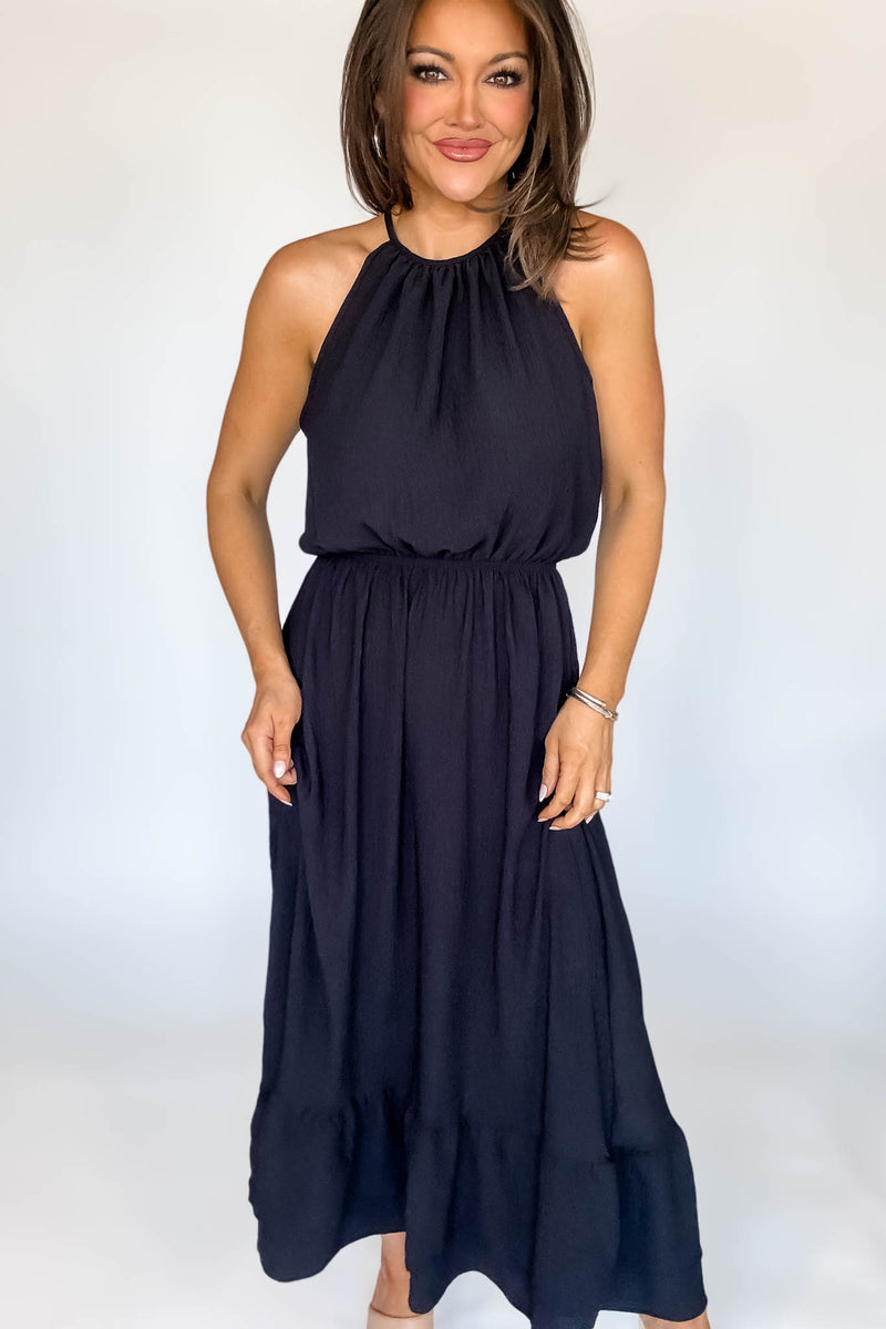 Halter Neckline Black Solid Maxi Dress
