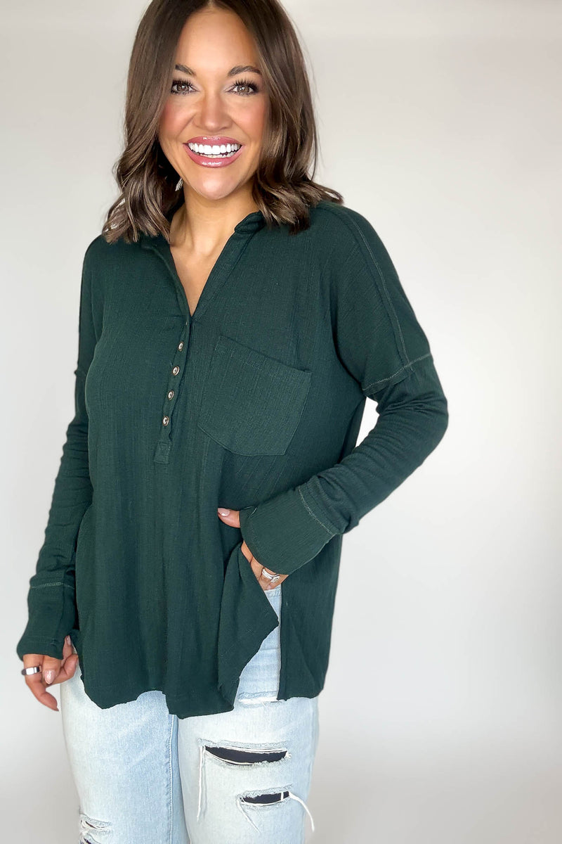 Ribbed Hunter Green Long Sleeve Henley Top