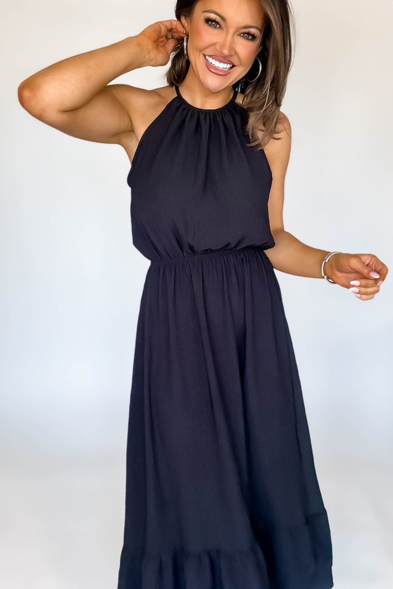 Halter Neckline Black Solid Maxi Dress