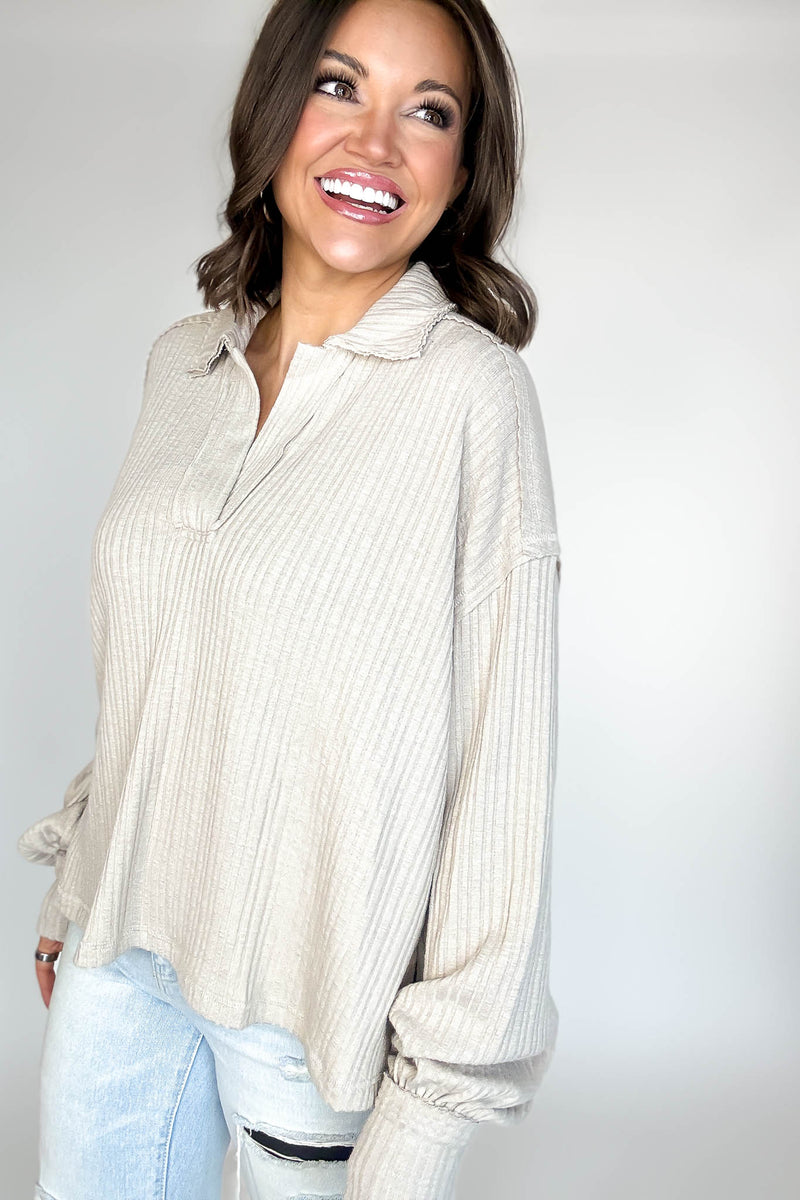 Almond Quarter Split Ribbed Polo Top