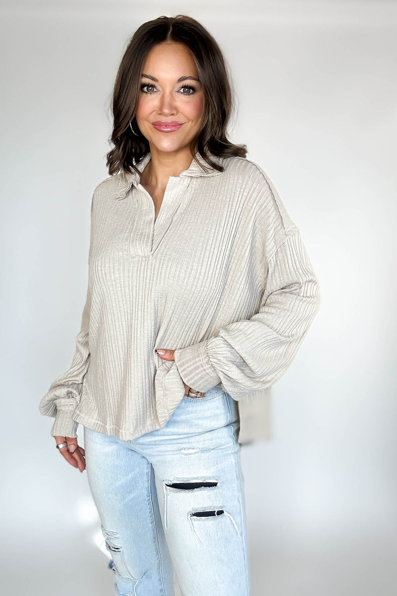 Almond Quarter Split Ribbed Polo Top