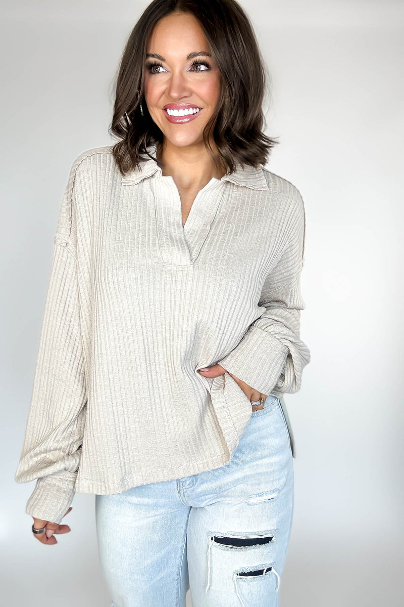 Almond Quarter Split Ribbed Polo Top